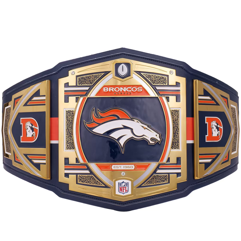 A Denver Broncos NFL championship belt with a navy blue base, gold-plated accents, and the team logo in the center, shown on a plain white background.