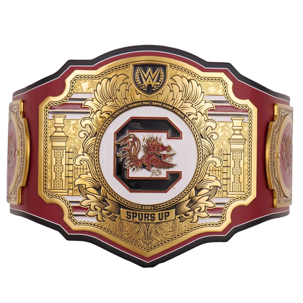 Decorative belt with gold and red design on a white background
