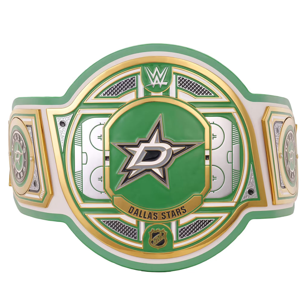 A replica WWE Wrestle Kingdom 2024 Dallas Stars championship belt featuring a green and white design with gold trim, the Dallas Stars logo, and WWE branding.