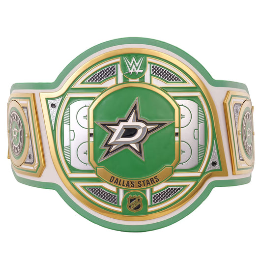 A replica WWE Wrestle Kingdom 2024 Dallas Stars championship belt featuring a green and white design with gold trim, the Dallas Stars logo, and WWE branding.