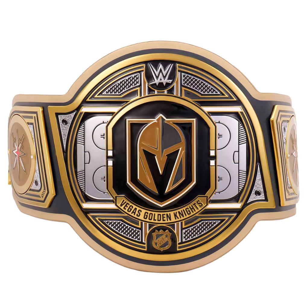WWE championship belt with Vegas Golden Knights logo on a white background