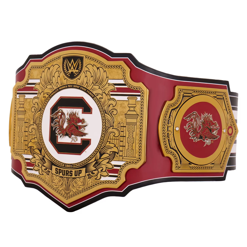 Wrestling championship belt with red, gold, and white design on a white background