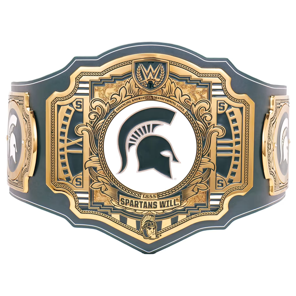 Michigan State Spartans WWE championship belt featuring a large ornate gold and dark green central plate with the Spartan helmet logo, flanked by two smaller side plates on a white background.