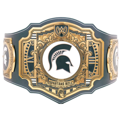 Michigan State Spartans WWE championship belt featuring a large ornate gold and dark green central plate with the Spartan helmet logo, flanked by two smaller side plates on a white background.