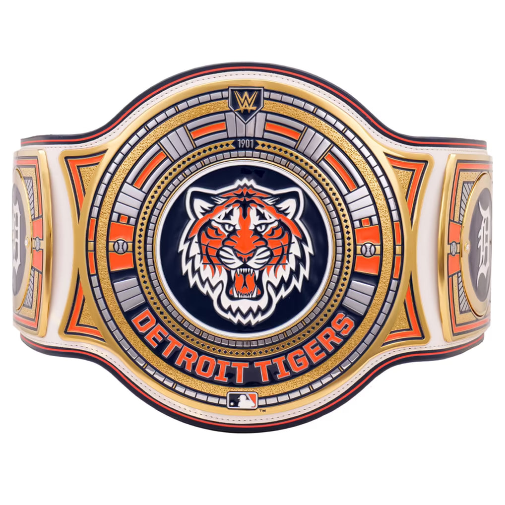 Detroit Tigers championship belt with tiger logo on a white background