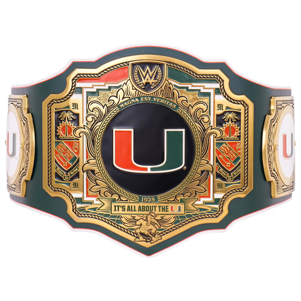 A WWE World Heavyweight Championship belt featuring the Miami Hurricanes logo, with a dark green strap, ornate gold-plated metal plates, and red and white accents.