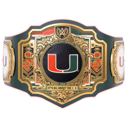 A WWE World Heavyweight Championship belt featuring the Miami Hurricanes logo, with a dark green strap, ornate gold-plated metal plates, and red and white accents.
