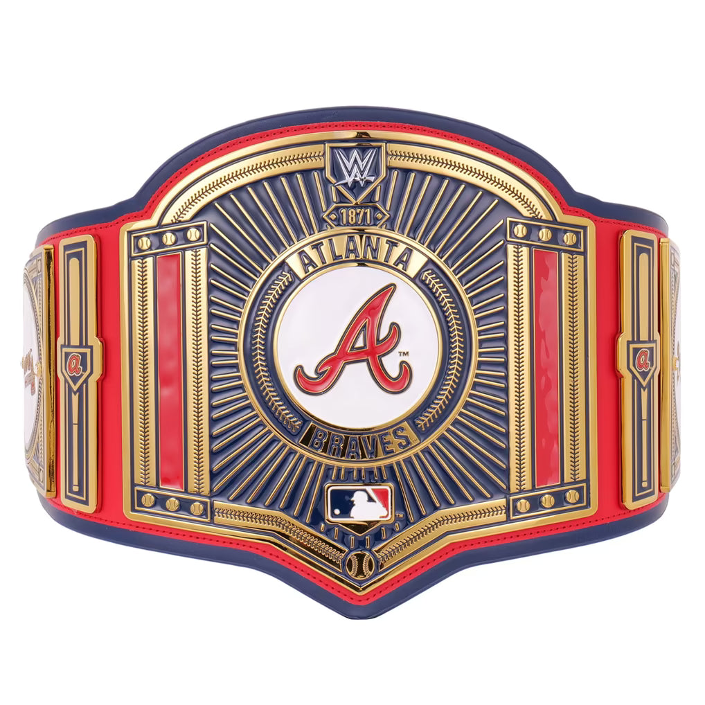 Atlanta Braves championship belt with red, blue, and gold colors on a white background