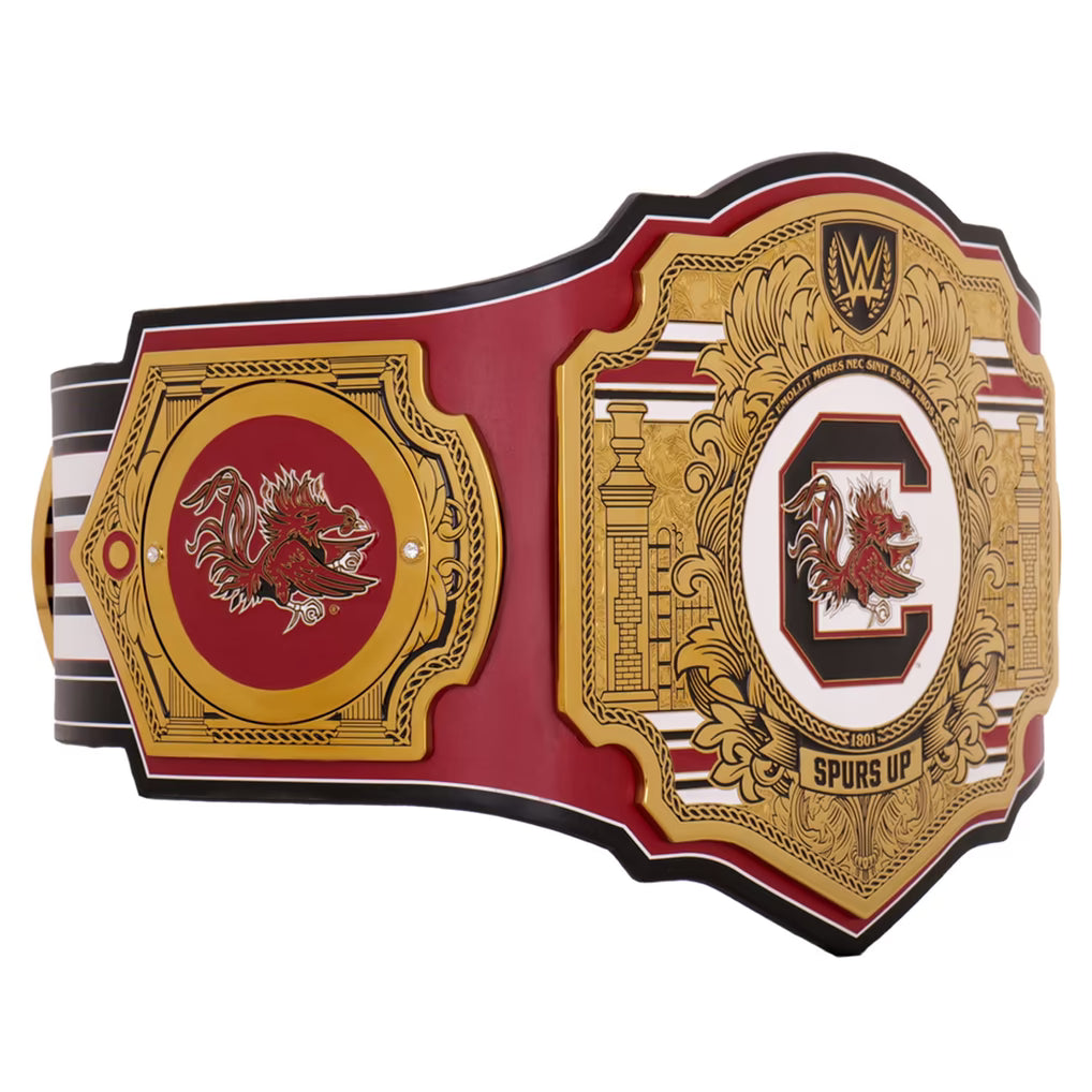 Wrestling championship belt with red and gold design on a white background