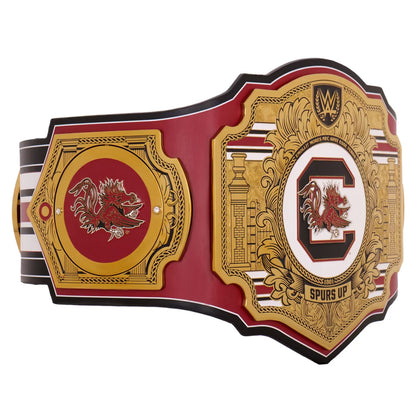 Wrestling championship belt with red and gold design on a white background