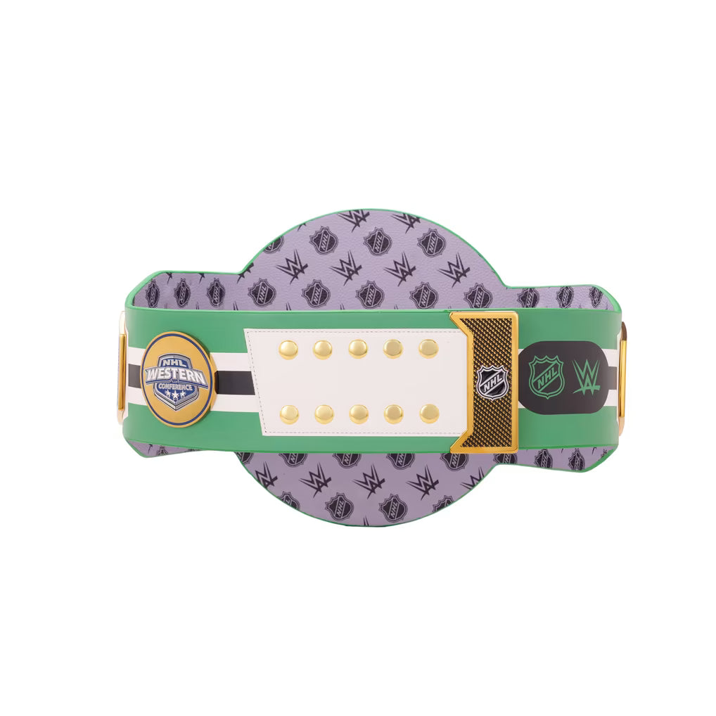 Wrestling belt with logos on a white background