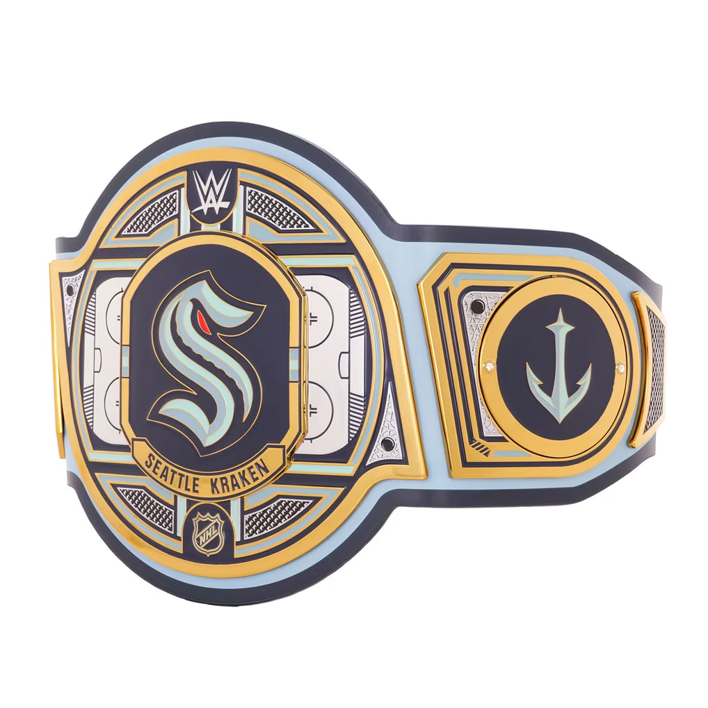 A replica of the WWE Women's Championship belt featuring the Seattle Wraith design, with a light blue and gold plate layout, black borders, and a central light blue 'S' logo.