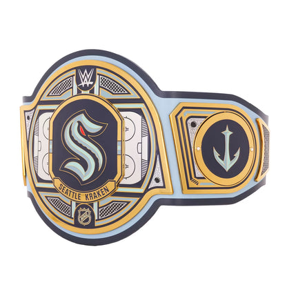 A replica of the WWE Women's Championship belt featuring the Seattle Wraith design, with a light blue and gold plate layout, black borders, and a central light blue 'S' logo.