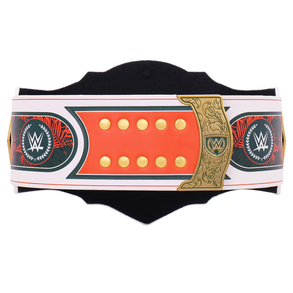 A replica WWE Championship belt featuring a black textured strap, a central orange-red panel with gold studs, a gold ornate divider, and WWE logos on both sides.
