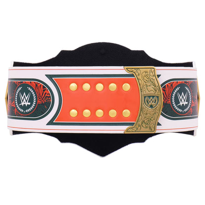 A replica WWE Championship belt featuring a black textured strap, a central orange-red panel with gold studs, a gold ornate divider, and WWE logos on both sides.