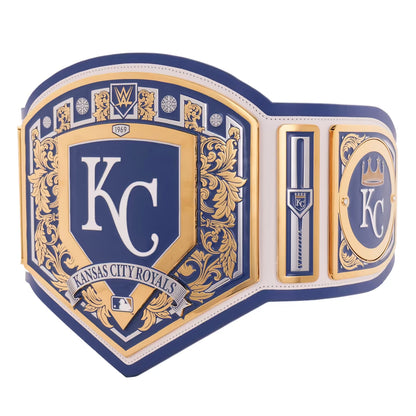 Kansas City Royals championship belt with blue and gold design on a white background