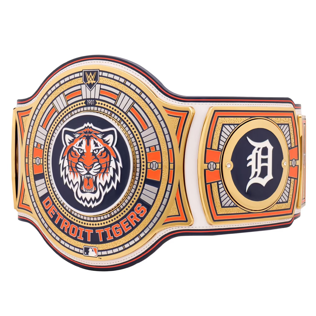 Wrestling championship belt with Detroit Tigers logo on a white background