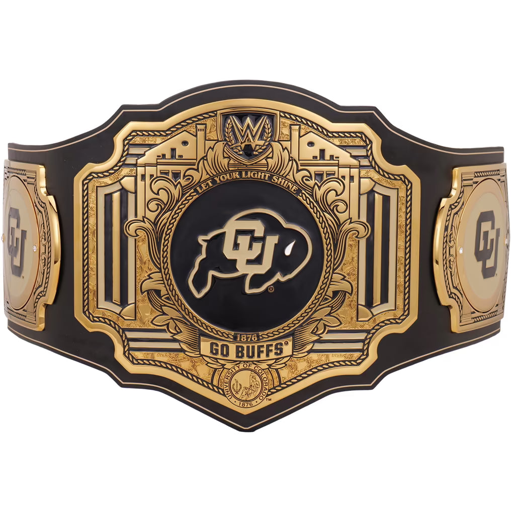 A custom collegiate championship belt for the University of Colorado Buffaloes, featuring a large central plate with the Colorado 'CU' bison logo on a black background, flanked by ornate gold and black side plates on a white background.