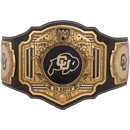A custom collegiate championship belt for the University of Colorado Buffaloes, featuring a large central plate with the Colorado 'CU' bison logo on a black background, flanked by ornate gold and black side plates on a white background.