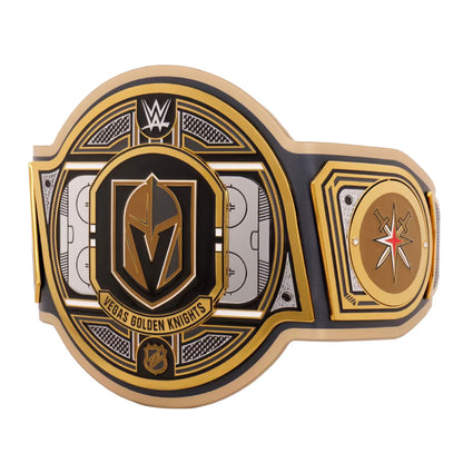 WWE WWE2K24 Vegas Golden Knights championship belt featuring a large central plate with the Vegas Golden Knights logo, a smaller side plate with a star emblem, and a WWE logo at the top, shown on a plain white background.