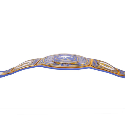 A close-up of a championship-style belt with a blue strap and gold-toned plates, shown against a plain white background.