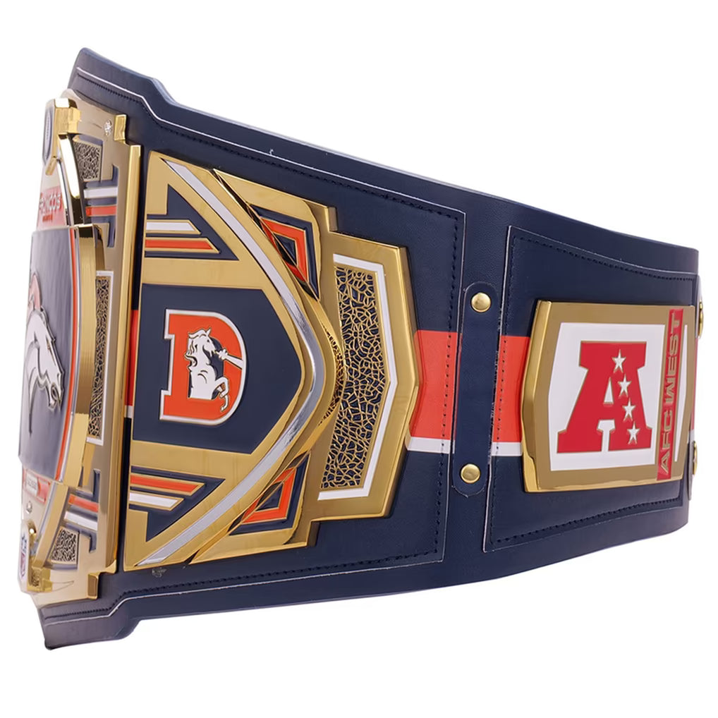 Navy blue championship belt with gold, red, and white accents on a white background
