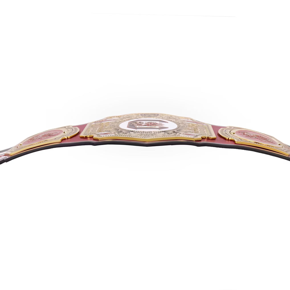 A championship belt with a burgundy leather strap and ornate gold and silver metal plates, shown against a plain white background.