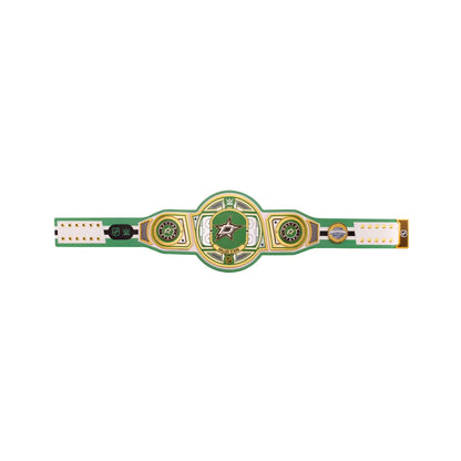 A green and gold championship belt with a central star emblem, displayed horizontally on a plain white background.