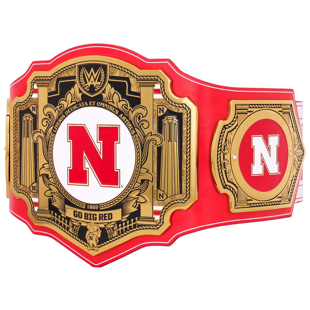 Nebraska Cornhuskers championship belt with red, gold, and white colors on a white background