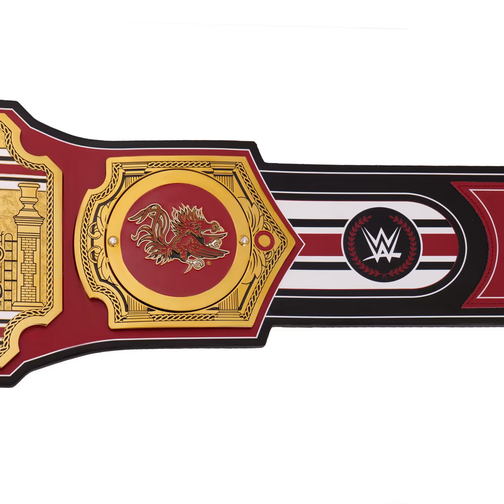 Wrestling championship belt with red, gold, and black design on a white background