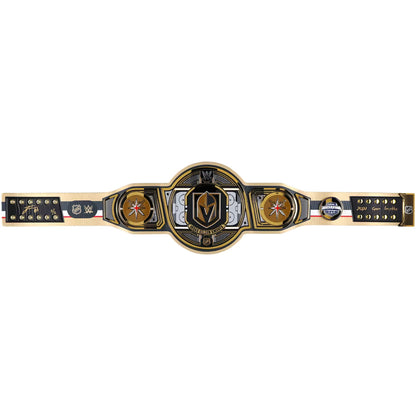 A WWE Raw Championship belt laid horizontally on a plain white background. The belt features a large central gold and black oval plate with the WWE Raw logo, flanked by two round gold medallions, and a black strap with gold studs and branding on both ends.