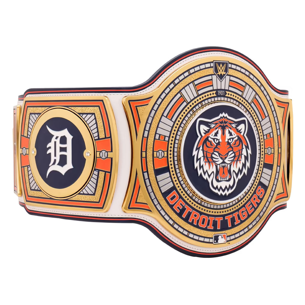 Detroit Tigers baseball championship belt featuring a large central tiger head emblem, a navy blue circle with a white 'D' on the left, and 'DETROIT TIGERS' text on the right, with orange, gold, and white detailing.