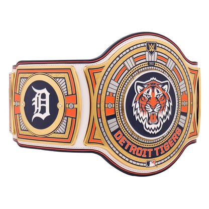 Detroit Tigers baseball championship belt featuring a large central tiger head emblem, a navy blue circle with a white 'D' on the left, and 'DETROIT TIGERS' text on the right, with orange, gold, and white detailing.