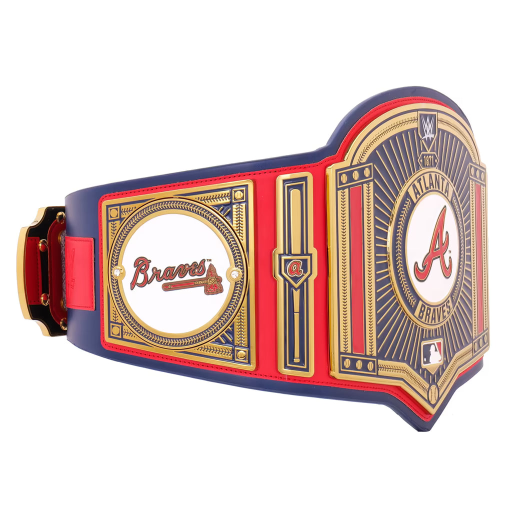 Atlanta Braves championship belt with red, blue, and gold colors on a white background
