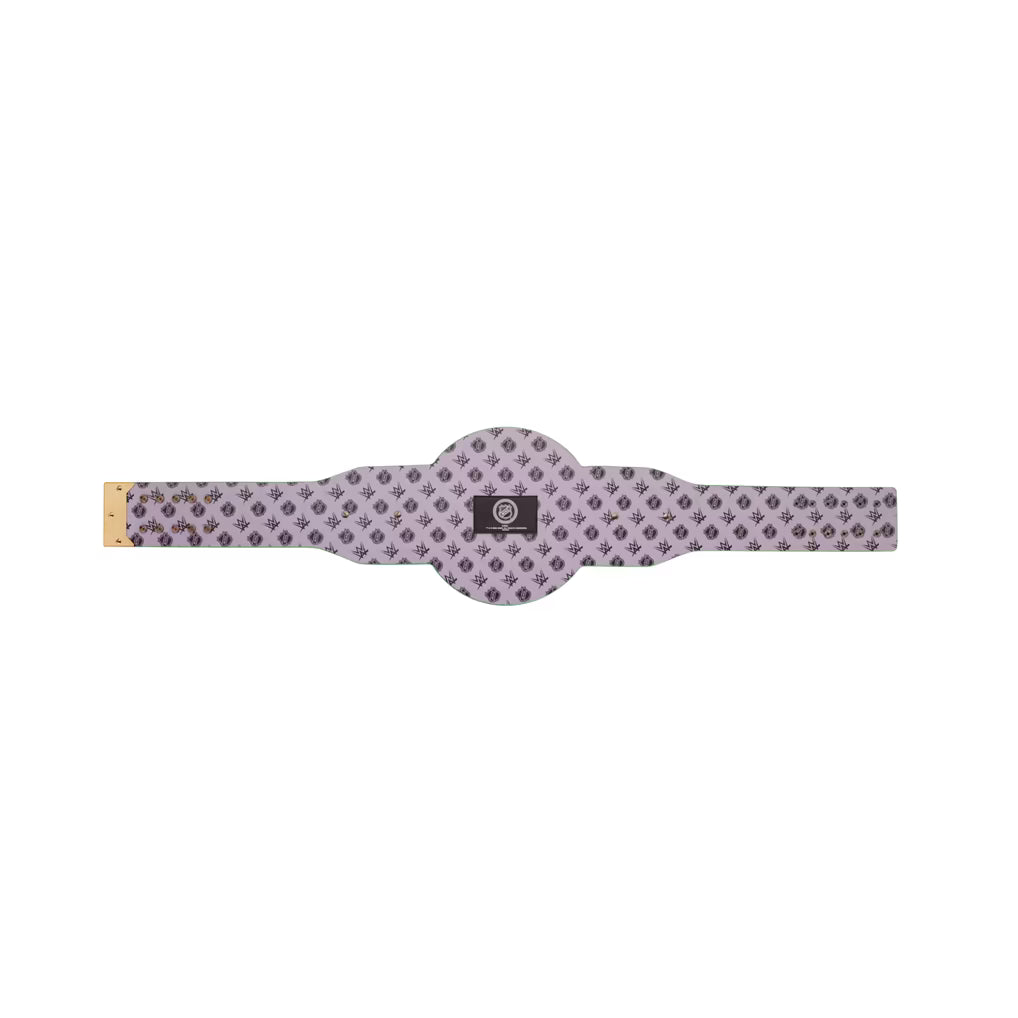 A waist trainer belt with a light purple and white geometric pattern, featuring a central oval buckle and a small black brand patch.