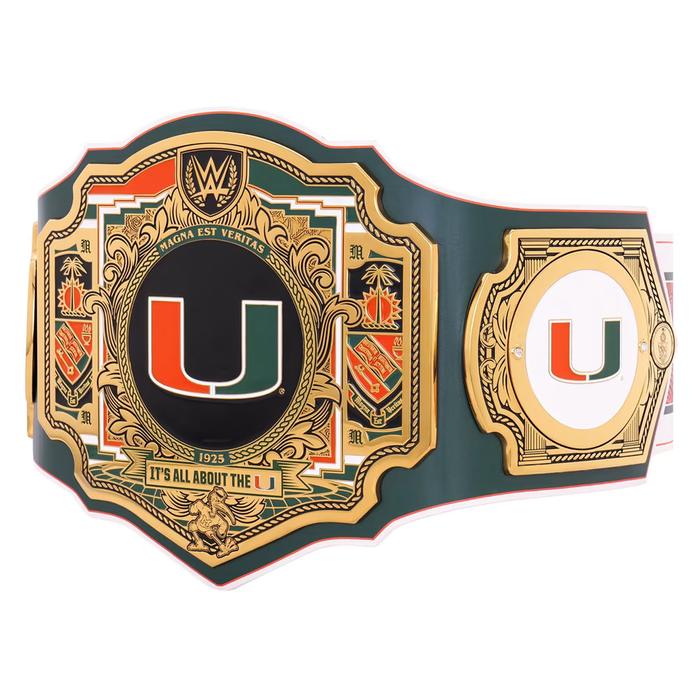 A WWE Raw 2024 WWE vs. the Fan Championship belt featuring the Miami Hurricanes logo, with a dark green and gold design and white accents, shown on a plain white background.