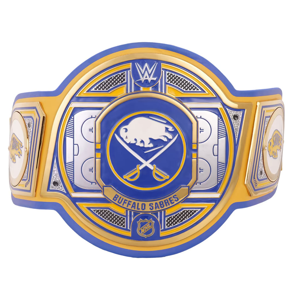 A Buffalo Sabres NHL championship belt featuring a gold and blue design with silver accents, showcasing the team logo and the WWE logo on a white background.