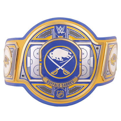A Buffalo Sabres NHL championship belt featuring a gold and blue design with silver accents, showcasing the team logo and the WWE logo on a white background.