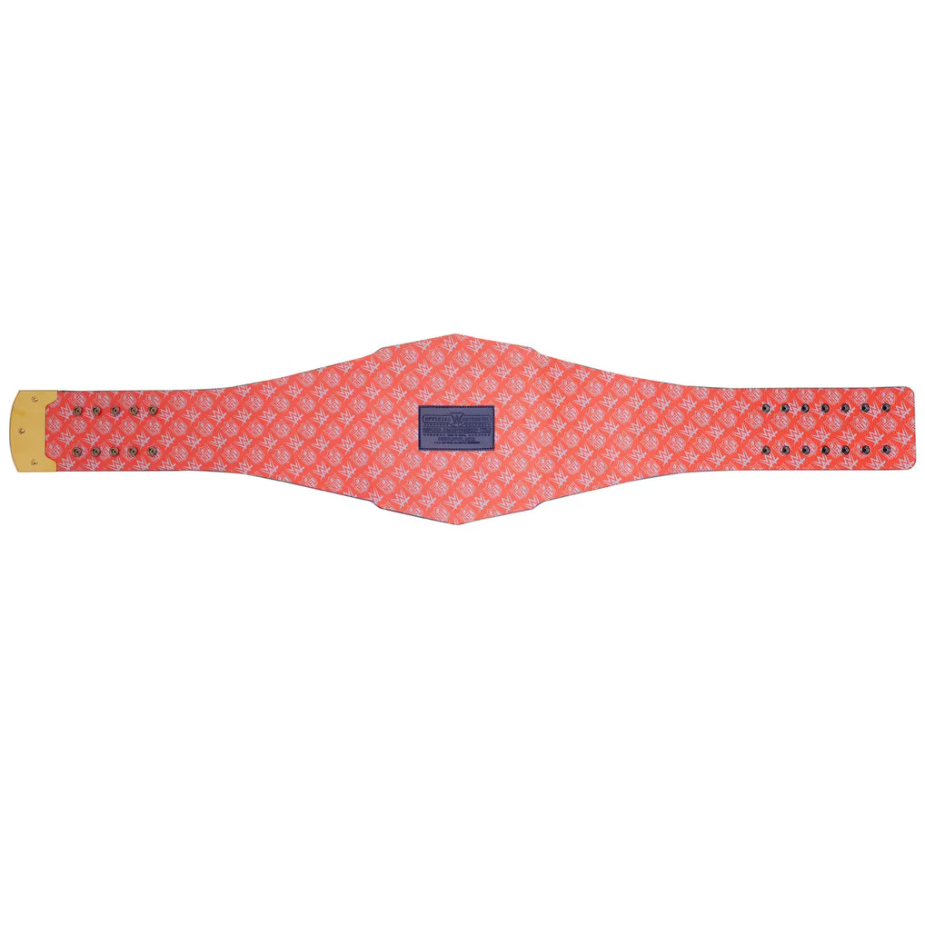 Pink patterned belt with a gold buckle on a white background