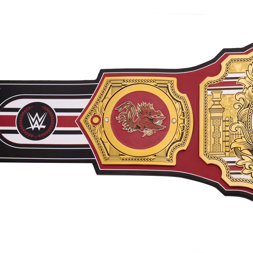 A close-up of a championship belt featuring a red and gold Florida Gators logo in the center, with WWE branding on the left strap section, set against a plain white background.
