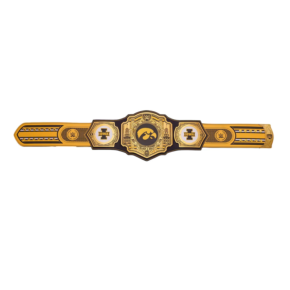 A replica Iowa Hawkeyes athletic championship belt, featuring a gold and black design with the Hawkeyan head logo in the center, flanked by white and gold panels, shown on a plain white background.