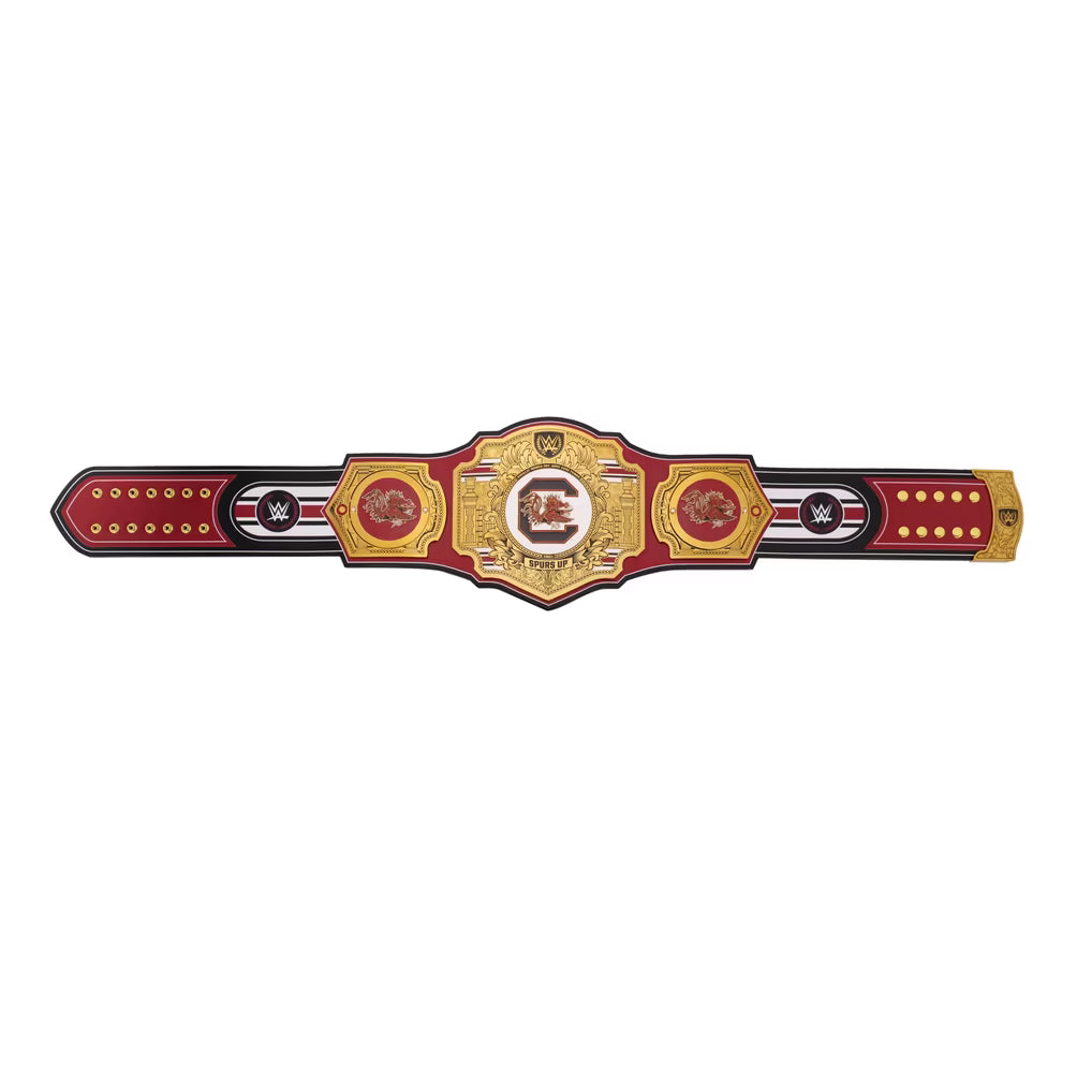 Wrestling championship belt with red and gold design on a white background