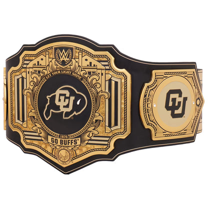 Black and gold championship belt with CU logo on a white background