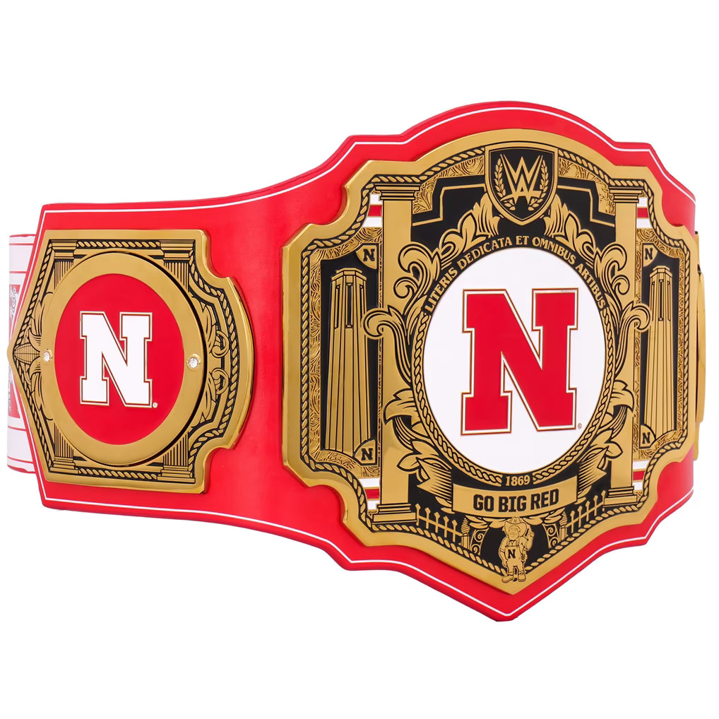 Red and gold championship belt with 'N' logo on a white background