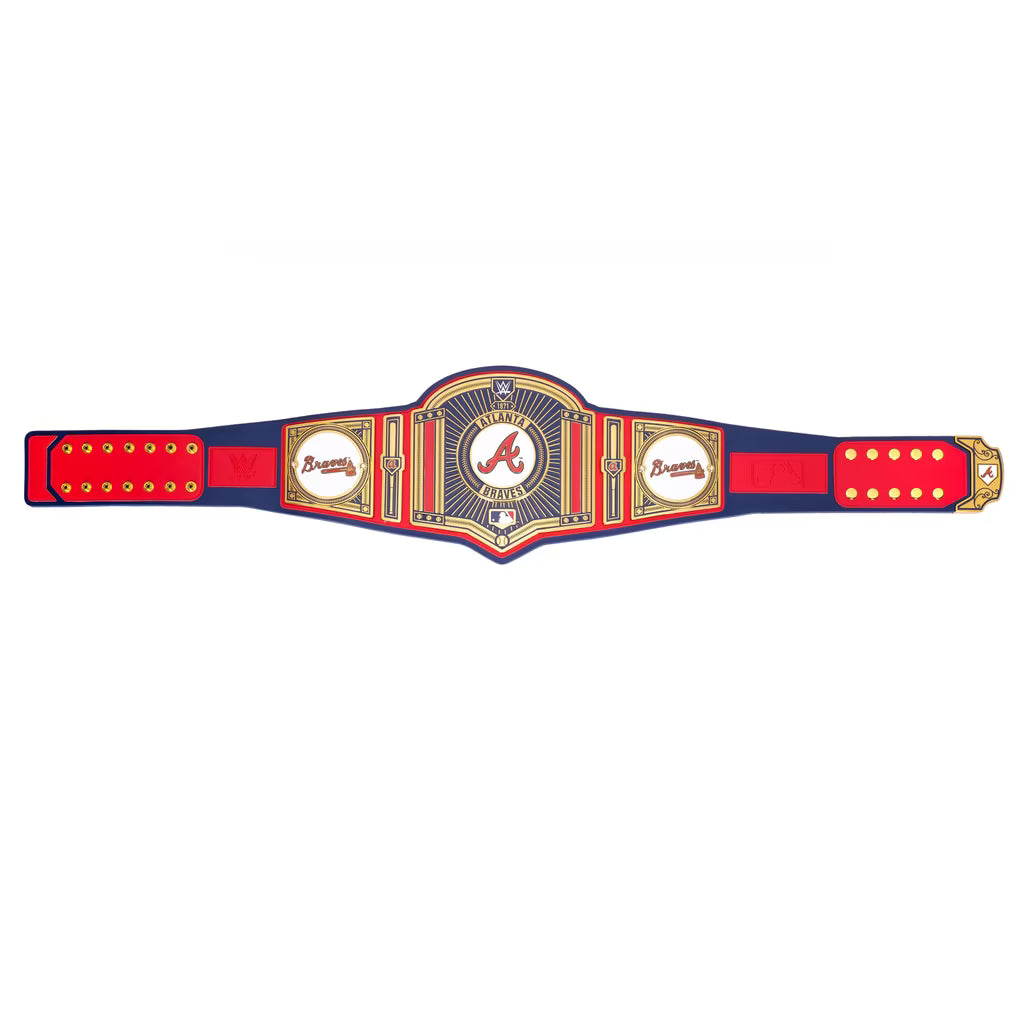 Atlanta Braves championship belt replica with red, navy blue, and gold metallic details, featuring the team logo and 'Proudly Atlanta' text on a plain white background.