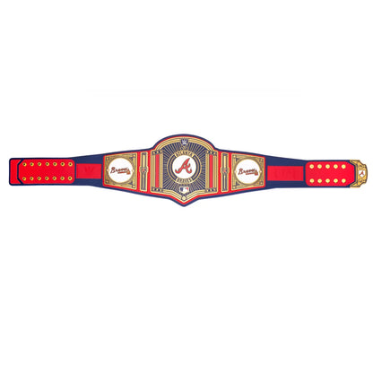Atlanta Braves championship belt replica with red, navy blue, and gold metallic details, featuring the team logo and 'Proudly Atlanta' text on a plain white background.
