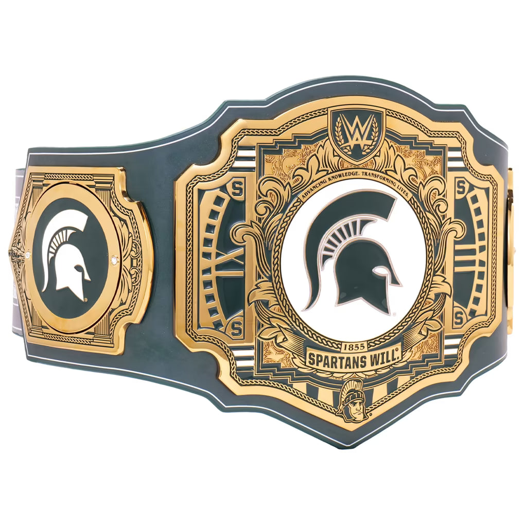 Decorative belt buckle with Spartan helmet design and 'Spartans Will' text on a white background