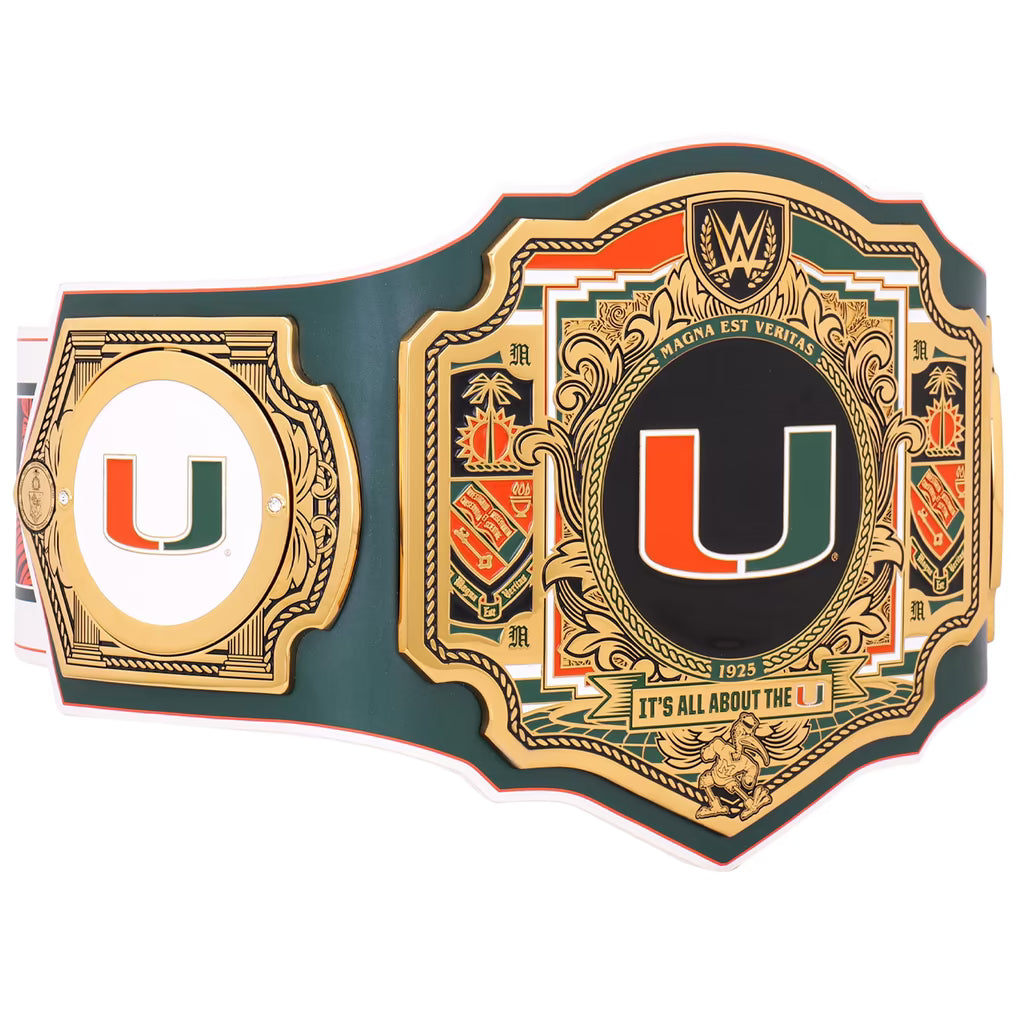 A WWE championship belt themed around the Miami Hurricanes, featuring a dark green strap with gold-plated ornate plates, the Miami Hurricanes 'U' logo in green and orange, and WWE branding at the top.