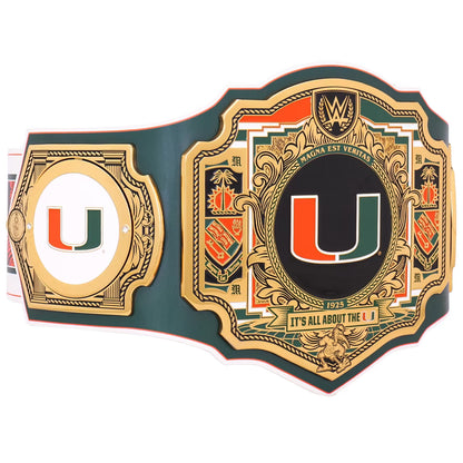 A WWE championship belt themed around the Miami Hurricanes, featuring a dark green strap with gold-plated ornate plates, the Miami Hurricanes 'U' logo in green and orange, and WWE branding at the top.