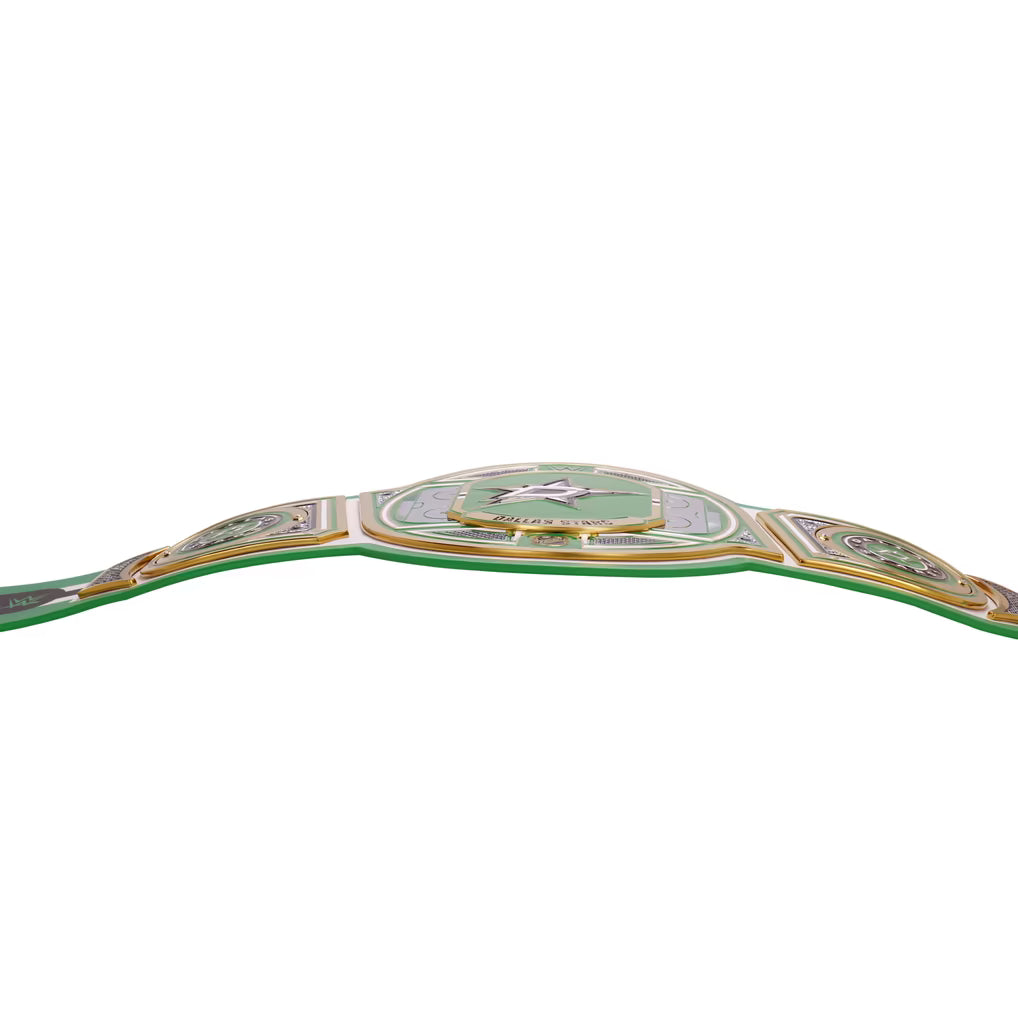 Decorative belt with green and gold design on a white background